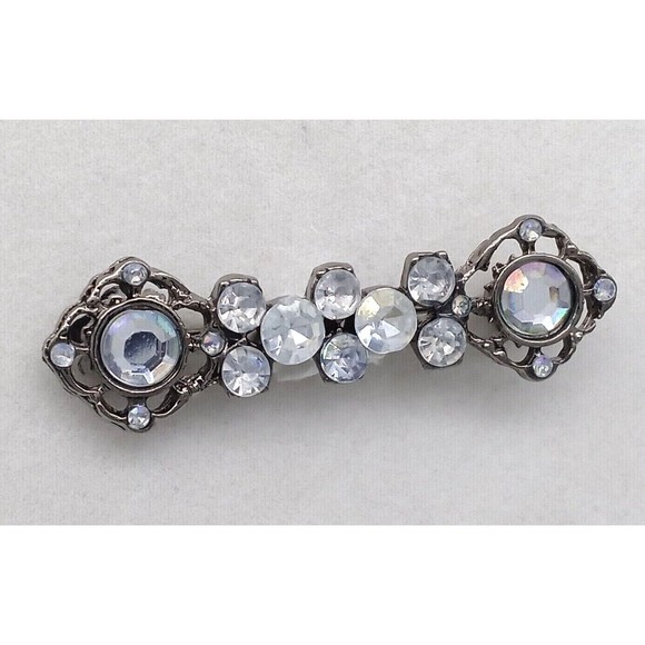 Aurora Borealis Clear Rhinestone Bar Brooch Pin Ornate Gunmetal Tone Vintage - Picture 3 of 12